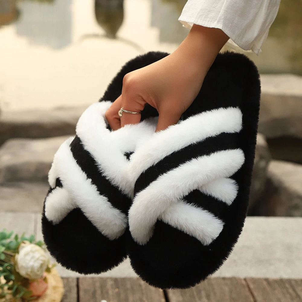 Fluffy Cross Strap Slippers