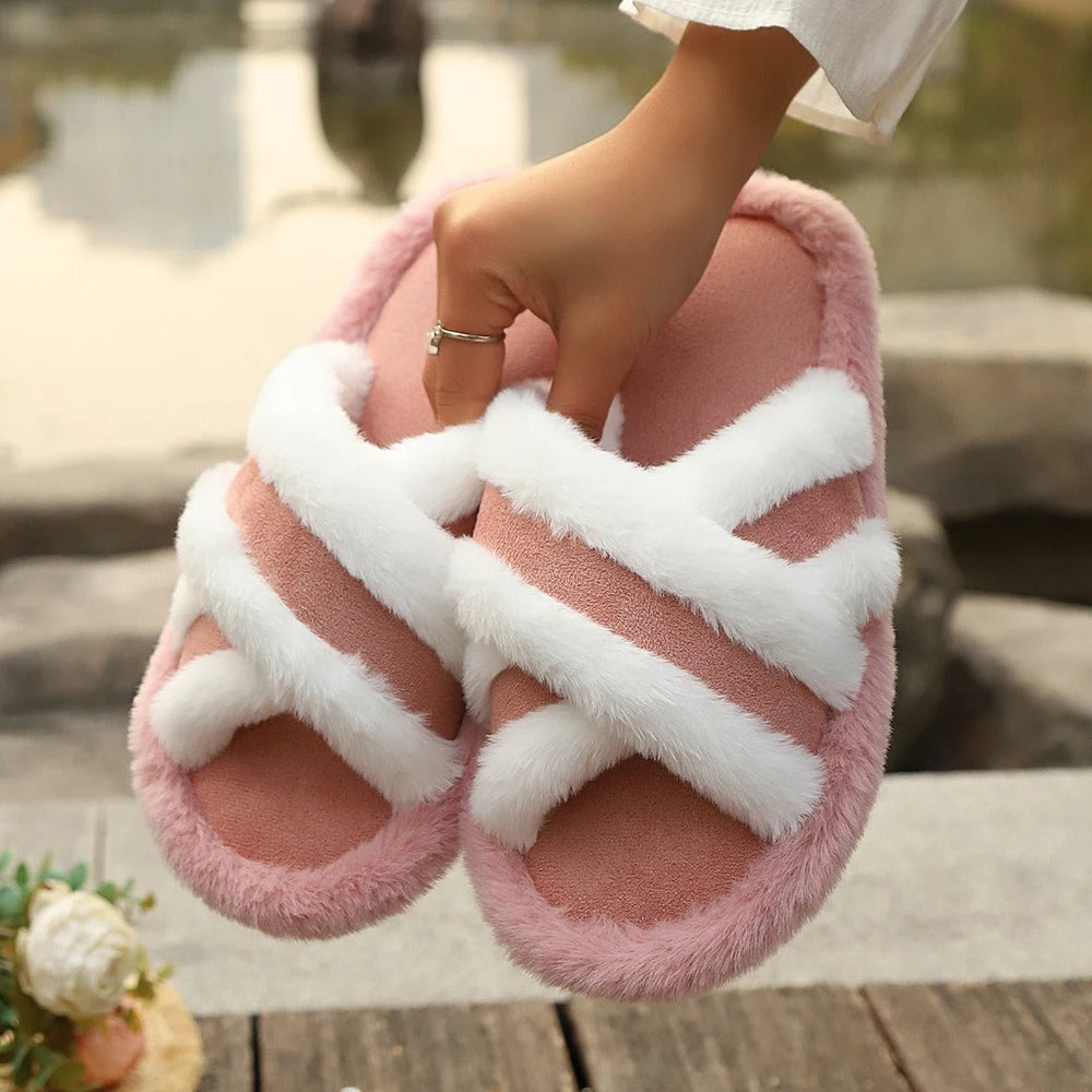 Fluffy Cross Strap Slippers