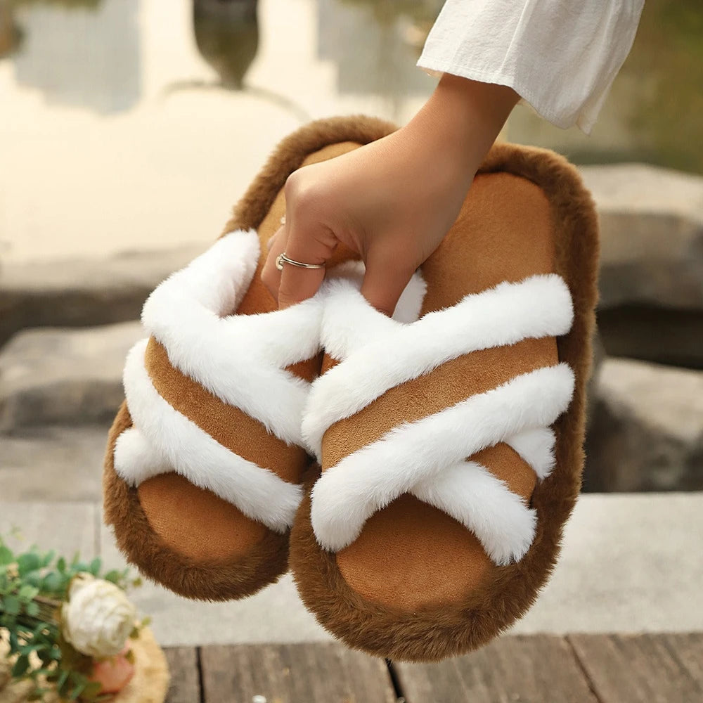 Fluffy Cross Strap Slippers